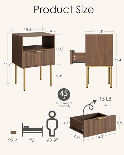 Aienvey Nightstand with One Drawer, WalnutStripe Night Stand and Gold Frame