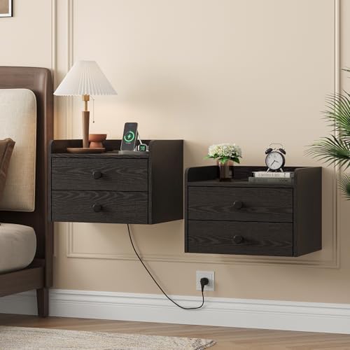 Floating Nightstand Set of 2 with 2 Storage Drawers and Charging Station