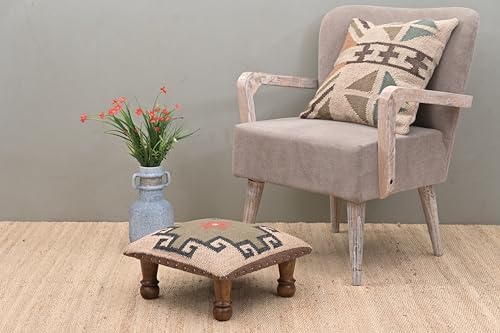 Upholstered Ottoman Footstool with Tribal Aztec Fabric | Rustic Wooden Accent Stool with Turned Legs | Decorative Foot Rest for Bedroom, Living Room & Hallway (White)