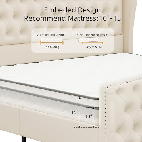 BRELTAM Upholstered King Size Bed Frame Velvet Beige Tufted Platform Bed Frame with Wingback Headboard & Footboard, with Deep Button Tufted & Nailhead Wooden Slats Support, No Box Spring Needed