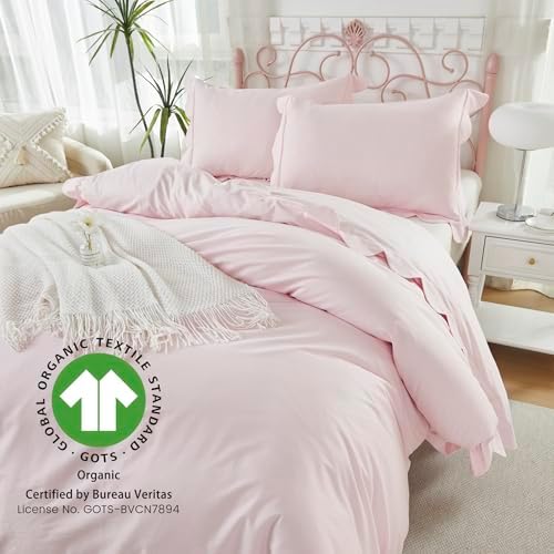 Brandream Kid's Organic Scallop Duvet Cover Set Twin/Twin XL Pink Girls Bedding Size Soft Breathable Luxury Bed Set for Dorm Room Grandmillennial Cottagecore Coquette Hotel Style Bedroom