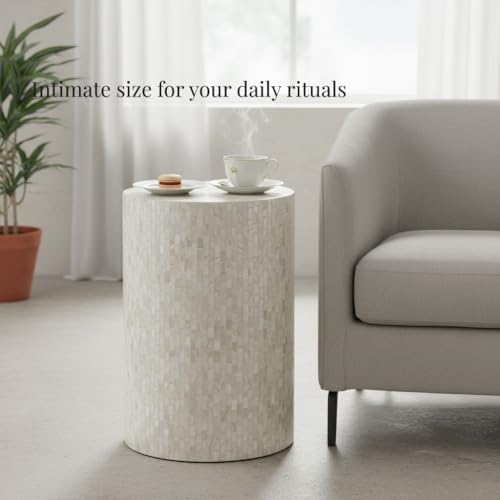 PEMAR Mother of Pearl Cylinder Drum End Table Nacre Side Stool Round Accent Table Coffee Bedside Nightstand and Vanity Stool 13" Diameter x 19.3" High Pearl White & Cream