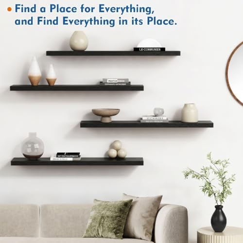 Black Floating Shelves 36 Inch Long, 8" Deep Wall Shelves for Bedroom Books
