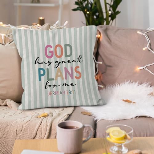 Boho Inspirational Christian Throw Pillow Cover 18x18, Bible Verse Decorative Pillow Covers for Kids Nursery Room Bedroom Playroom, Religious Green Striped Accent Pillows Cover Pillowcases