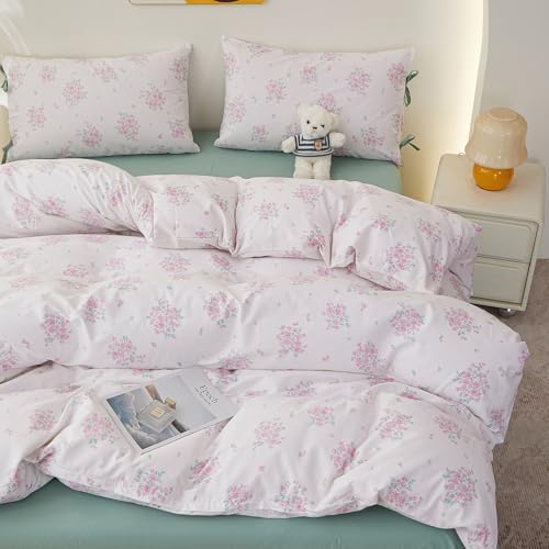 HighBuy Vintage Floral Duvet Cover Set King with Pink Floral Print,Comforter Cover Chic Floral Bedding Set,100% Cotton Super Soft,Princess,1 Duvet Cover with 2 Bowknot Bow Tie Pillowcases