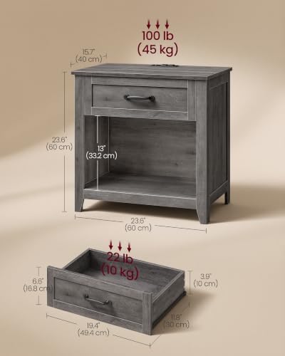 VASAGLE Farmhouse Nightstand with Charging Station, Drawer and Open Shelf