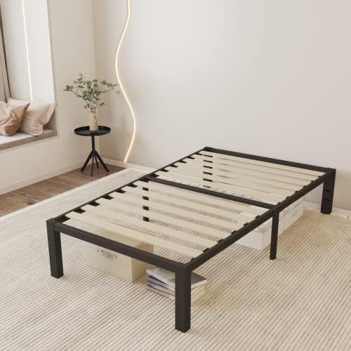 18 Inch Twin Size Bed Frame with Wood Slats & 4 Mattress Baffles