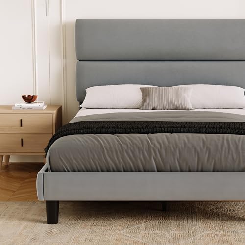 GRUSIGN Full Size Platform Bed Frame with Velvet Headboard, Adjustable Height Wooden Slats Support, Upholstered Mattress Foundation, Fits Mattress or Mattress with Box Spring, Easy Assembly, Grey