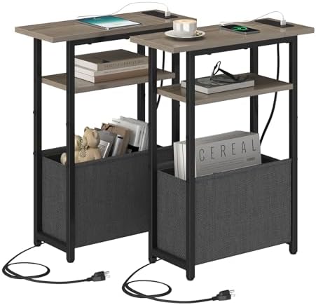 sthmec Narrow Side Table with Charging Station Set of 2, Small End Table for Small Spaces, Skinny Nightstands Set 2 with Storage Basket, 3 Tier Sofa Bedside Tables for Living Room,Bedroom, Grey