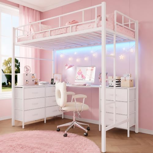 Twin Size Loft Bed with L-Shaped Desk and Storage, White