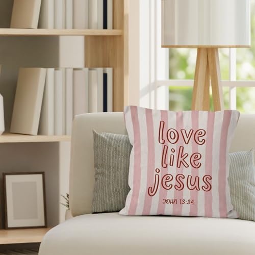Pink Striped Christian Bible Verse Throw Pillow Cover 18x18, Love Like Jesus Religious Decorative Pillow Covers for Home Bedroom Living Room Couch, Christian Gifts Accent Pillows Cover Pillowcases
