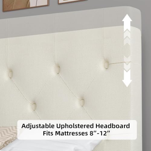 HOMBCK Queen Bed Frame with Adjustable Headboard, Cream