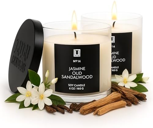 Lulu Candles | Jasmine, Oud & Sandalwood |Luxury Scented Soy Jar Candle | Hand Poured in The USA | Highly Scented & Long Lasting (6 Oz. 2 Pack)