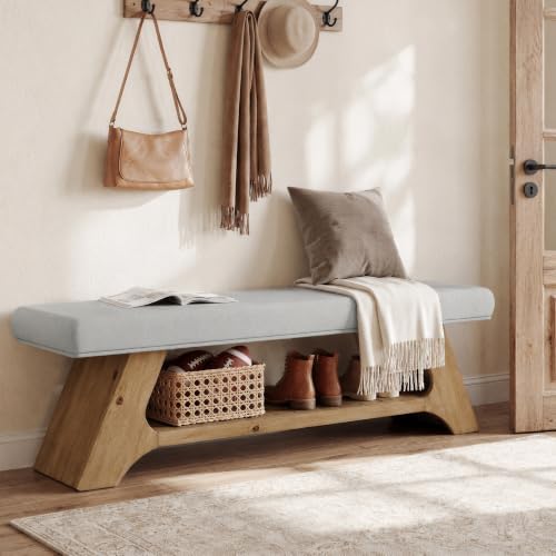 Tribesigns 55" Solid Wood Bench with Cushion, Upholstered Entryway Bench