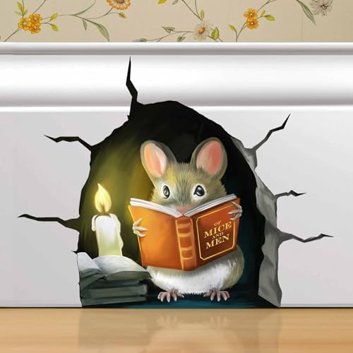 Micesterpiece 3D Mouse Reading Book in Mouse Hole, Cracked Wall, Decal Sticker, Removable Wall Decor, Book Lover Gift Idea, Baseboard, Wall Sticker Decal, 001CRACKS