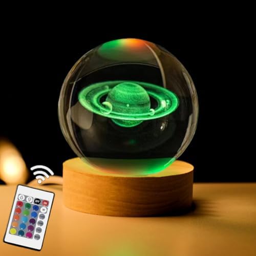 3D Saturn Crystal Ball with LED Stand, Remote Control, 16 Colors Change, Crystal Saturn Sphere Lamp, Decorative Glass Ball Paperweight Gifts(80mm)