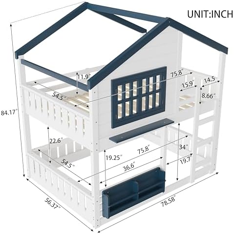 Full Over Full Size House Bunk Bed with Storage Bookshelf, White