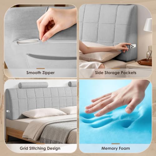 King Headboard with 2 Headrests, Memory Foam Upholstered Headboard