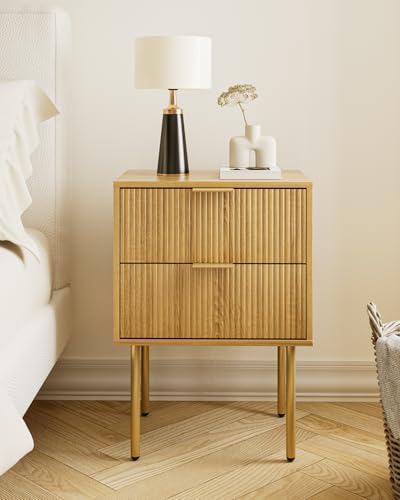 Aienvey Nightstand with 2 Drawers, Oak Stripe Night Stand and Gold Frame
