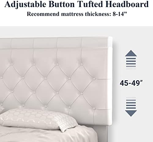 Allewie Full Size Platform Bed Frame, Adjustable Faux Leather Headboard with Diamond Stitch and Button Tufted, Sturdy Wood Slats, Easy-Assembly, No Box Spring Needed, Off-White