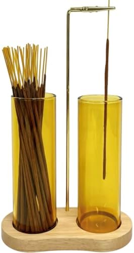 Yellow Glass Incense Holder, Incense Sticks Burner Holder with Storage,Hang Upside Down Incense Holder for Sticks with Glass Ash Catcher for Meditation Yoga Spa Room Decor (Yellow)