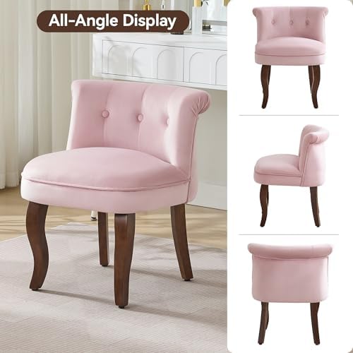 WUTUTUEE Velvet Vanity Chair with Back, Tufted Upholstered Vanity Stool with Solid Wood Legs, Mid Century Small Makeup Chair for Vanity, Accent Chair for Bedroom, Living Room, Pink