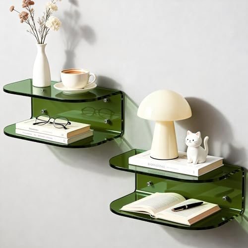 Acrylic Floating Nightstand, Wall Mounted Bedside Table Shelf (Green Set of 2, 15.7”×9.4“×5.9”)