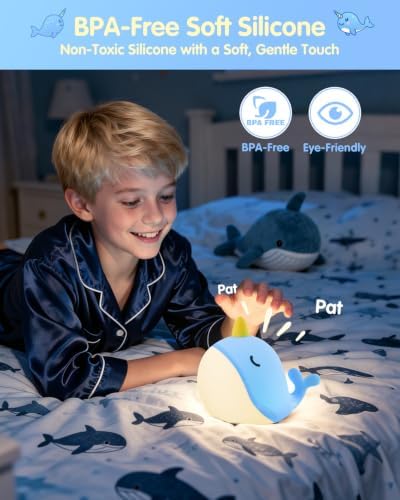 Fuloon Narwhal Night Light, 3-Level Dimming Silicone Touch Lamp with Rechargeable Battery & Timer, Cute Squishy Unicorn Whale Desk Decor, Funny White Elephant Gift for Adults Teens Kids (Blue)