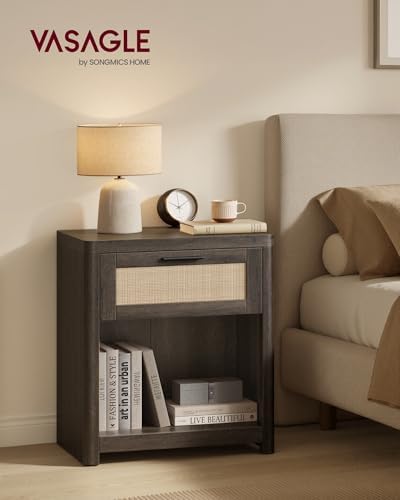VASAGLE Set of 2 Boho Nightstands with Rattan-Look Drawer