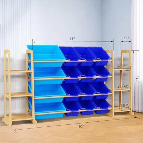 Kids Toy Storage Organizer with Bookshelf – Wooden Shelf with 16 Bins & 6 Shelves, Quick Assembly Storage Rack for Playroom, Bedroom, Nursery - Blue