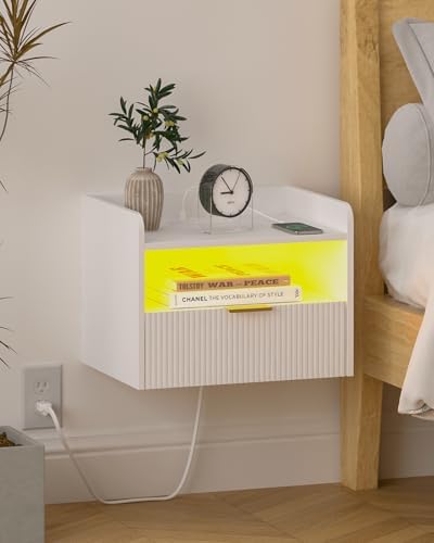 Veegle White Floating Nightstand with Charging Station and LED Lights (White)