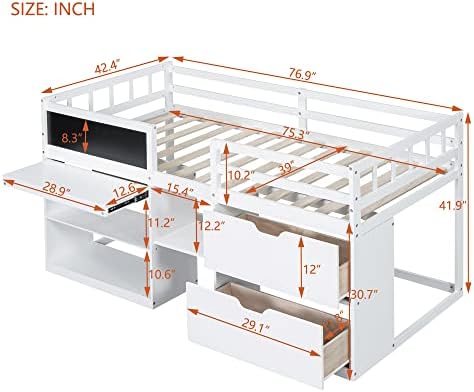 Bellemave Twin Size Low loft Bed for Kids,Wood Loft Beds,Modern Farmhouse Twin loft Bed,Loft Bed with Rolling Desk and Storage, Shelf and Drawers No Box Spring Needed,for Kids, White