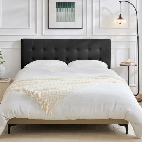 Linen Tufted Headboard King Size, Solid Wood King Headboard Only, Black
