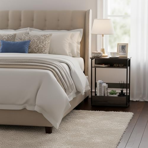 Vintage Narrow Side Table with Storage Shelf, 3 Tier Slim End Table Modern Sofa Table for Narrow and Small Spaces, 24.6 Inch Height Bedside Table Nightstand (Grey, Large)