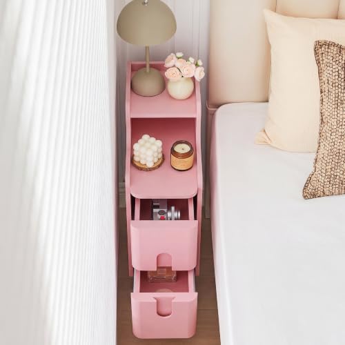 Narrow Nightstand Skinny End Bedside Table with 2 Drawers (Pink-1 pc)