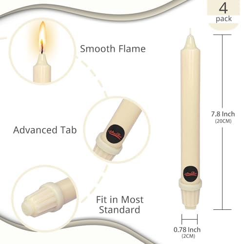 NJAO HOO Ivory Candlesticks 8 Inch Unscented Taper Candle Dripless Handmade Colored Candles for Home Decor Dinner Table Kitchen and Bedroom, 4 Pack