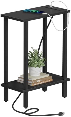 TUTOTAK Narrow Side Table, 2-Tier Small End Table with Charging Station