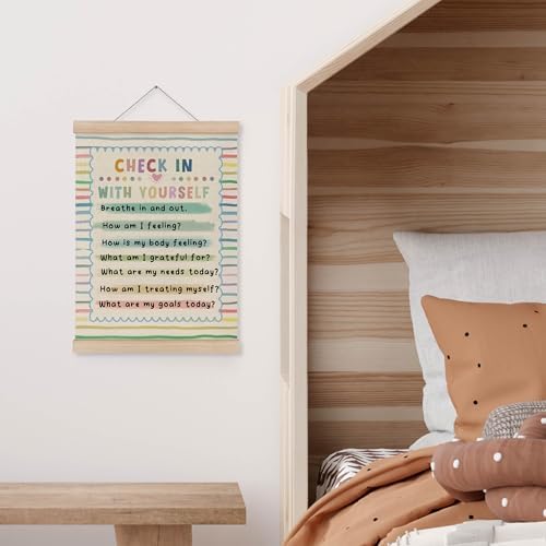 MAQIKA Mental Health Poster Framed with Wood Hanger, Boho Classroom Hanging Wall Decor, Check in with Yourself Rainbow Striped Canvas Wall Art Paints for Therapy Office Kids Room Classroom, 12x16 Inch