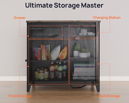 End Table with Charging Station, Side Table with Storage&Deep Drawer, Black