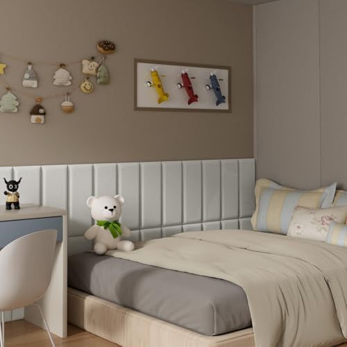 Upholstered Wall Mounted Headboard for Queen in Beige, Peel and Stick Wall Padding Panel Terry Cloth, 9 Panels Sized 9.84" x 23.62"