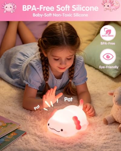 Fuloon Axolotl Night Light, 3-Level Dimming Silicone Touch Lamp with Rechargeable Battery & 30-Min Auto Timer, Cute Squishy Unicorn Whale Desk Decor, Funny White Elephant Gift for Adults Teens Kids
