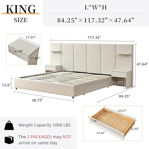 King Size Bed Frame with Storage & Built-in Nightstands & Drawers, Beige