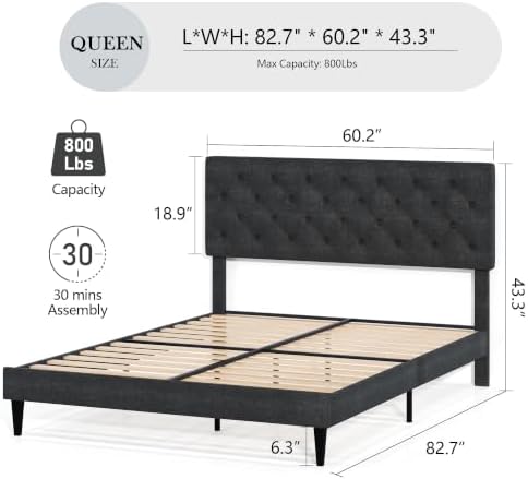 Lullabyre Queen Bed Frame with Headboard, Upholstered Platform Bed, Grey