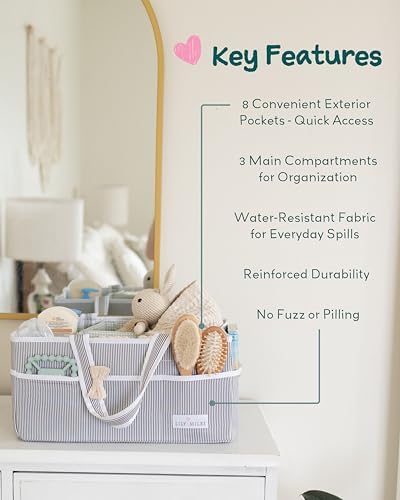 Baby Diaper Caddy Organizer, Baby Shower Basket for Newborn Boys or Girls, Nursery Must Haves for New Mom, Registry Favorites, Large Storage Tote for Changing Table or Car, Gray