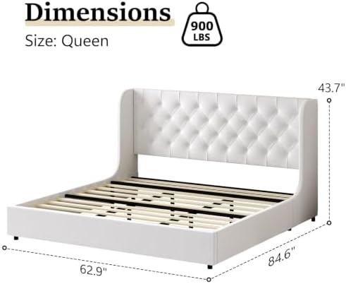 HOMBCK King Size Bed Frame, Upholstered Platform Bed with Headboard, White