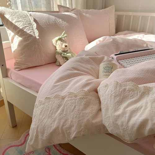 LifeTB Pink Gingham Comforter Set Queen 3 Pieces Princess Lace Bedding Set Vintage Plaid Checkered Comforter with 2 Lace Pillowcases Soft Breathable Pink Grid Comforter Set for Girls Teens Women