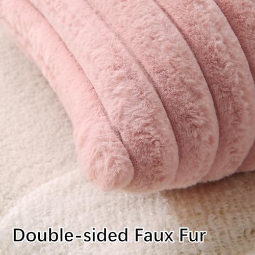 Decorative Throw Pillow with Inserts, Set of 2 Soft Faux Fur Throw Pillows, Square Boho Striped Pillow for Couch, Bed, Sofa Decor (Pink, 18" x 18"(Pack of 2))