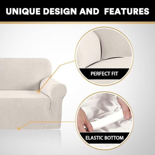 PrinceDeco Stretch Sofa Cover Slipcover Couch Covers for 3 Cushion Couch Furniture Protector Sofa Covers with Non Slip Elastic Bottom Dogs Pet Friendly Fitted(Large Sofa 90"-100",Ivory)