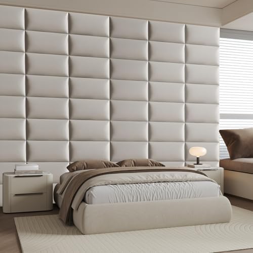 Wall-Mounted Upholstered Headboard Panels, Light Gray, 24x12 Inches, Pack of 12 – DIY Faux Leather Soundproof Padding for King, Queen, or Full Beds, Modern Accent Wall Panels
