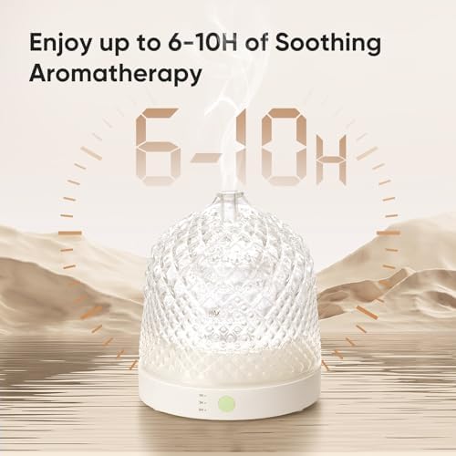 Lecdura Glass Essential Oil Diffuser, 200ml Ultrasonic Aroma Diffusers with Glass Reservoir Dome & White Plastic Base Lock Color Auto-Off Timer 7 Color Light for Home Office Bedroom Yoga